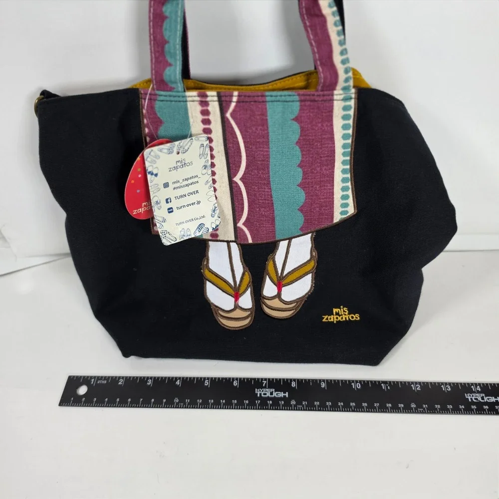 Mis Zapatos Japanese Kimono‎ Geta Sandals Canvas Tote Bag Handbag Black NWT